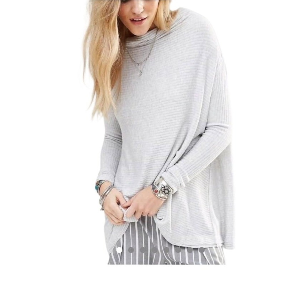 Free People We The‎ Free Gray Cowl Funnel Neck Ribbed Longline Sweater Gray Med